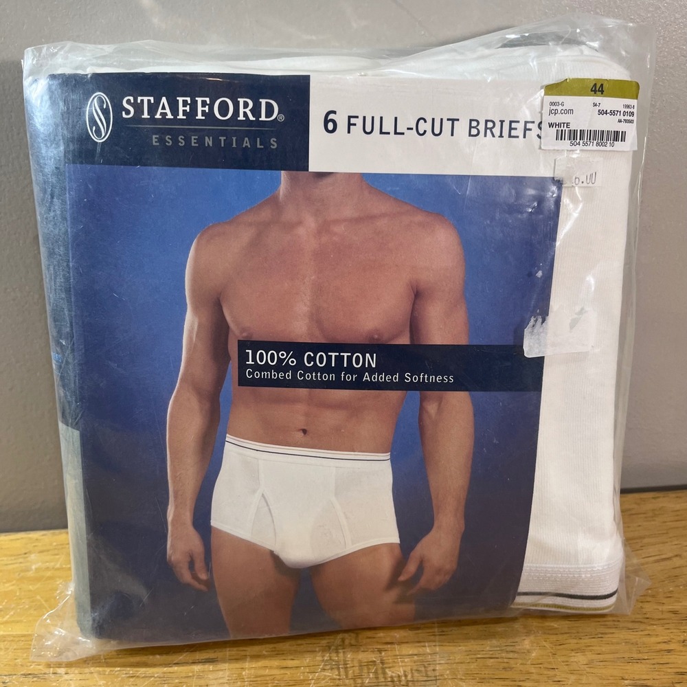 Vtg Stafford Essentials 6 Pack Full-Cut Briefs Size 44 White 100% Cotton